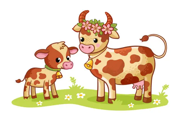 Vector illustration of Cow with a calf is standing in a green meadow. Vector illustration in cartoon style on a farm theme.
