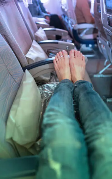 Actually there are several things that you shouldn't do on an airplane but this time I choose "barefoot".
Do NOT walk around barefoot. Floor must be full of germs. Also putting barefoot on tray table is horrifying. Unfortunately there are inconsiderate passengers....
