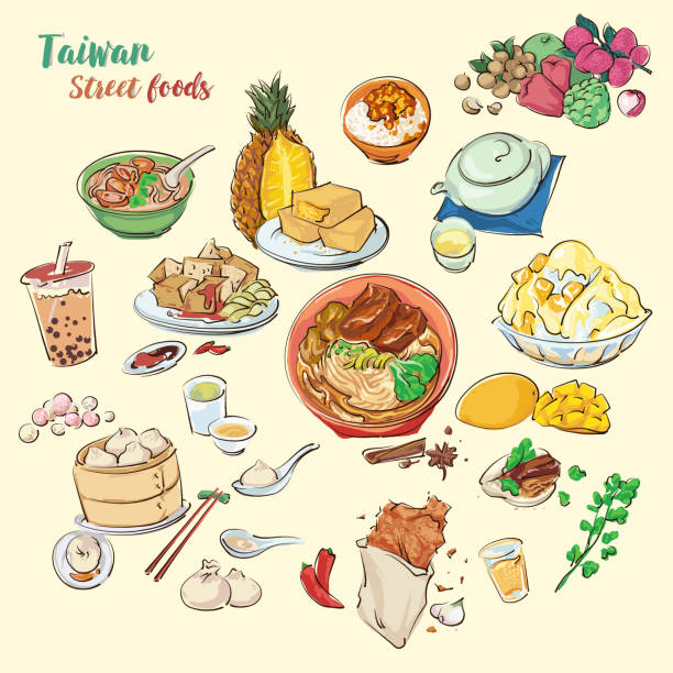 Hand draw Taiwan's street foods illustration. Colorful vector foods by painting style. Street foods and desserts, include Bubble Tea, Shaved Ice, and Pineapple Cake, Beef Noodles, Intestine, and Oyster Vermicelli, Stinky Tofu, and Chicken Cutlet, Soup Dumplings, Minced Pork Rice, Bubble Tea, Shaved Ice, and Pineapple Cake. street food stock illustrations