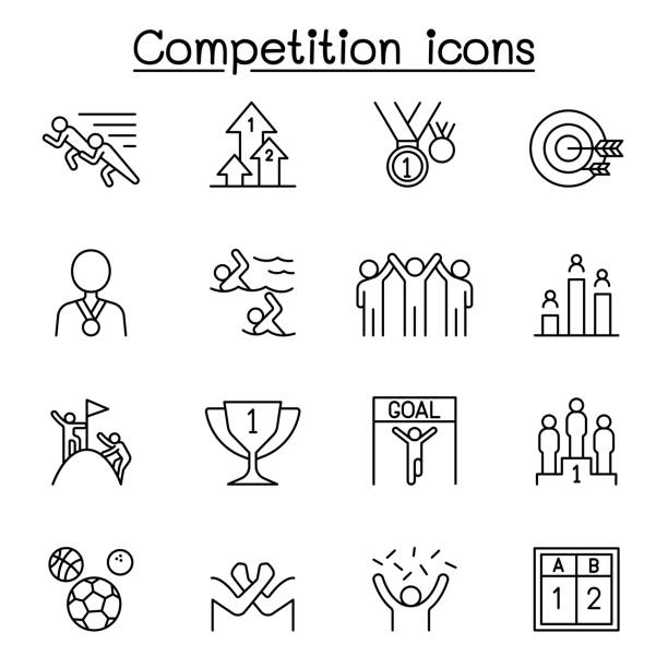 ilustrações de stock, clip art, desenhos animados e ícones de competition, contest, tournament icons set in thin line style - rank first place podium number 1