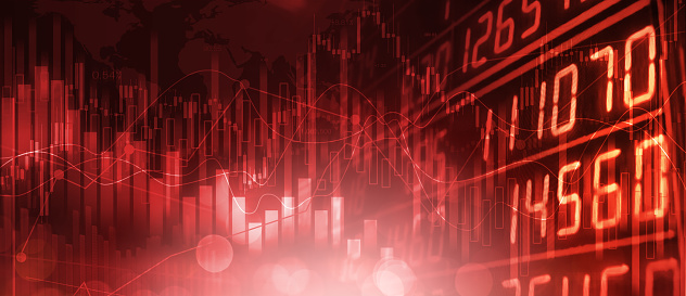Background media red image with stock market investment trading, candle stick graph chart, trend of graph, Bullish point, soft and blur, illustration.