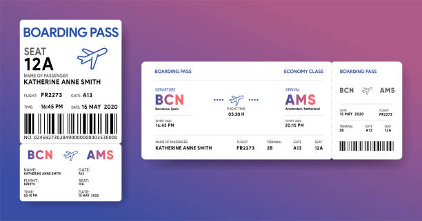 Paper and mobile boarding pass. Responsive design of air ticket. Airline data card mockup. Flight check-in document template. Vector illustration. Paper and mobile boarding pass. Responsive design of air ticket. Airline data card mockup. Flight check-in document template. airplane ticket stock illustrations