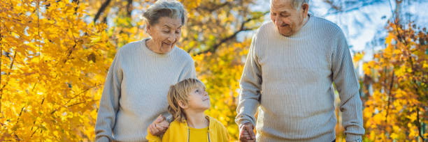 pareja de ancianos con nieto en el parque de otoño. bisabuela, bisabuelo y bisnieto banner, formato largo - great grandson fotografías e imágenes de stock