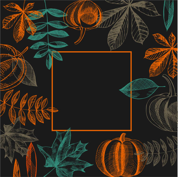ilustraciones, imágenes clip art, dibujos animados e iconos de stock de marco vectorial con hojas de otoño y calabazas. ilustración vectorial. - september november pumpkin october