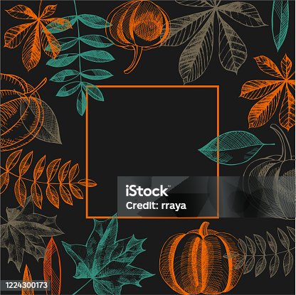 istock Vector frame with  autumn leaves and pumpkins. Vector  illustration. 1224300173