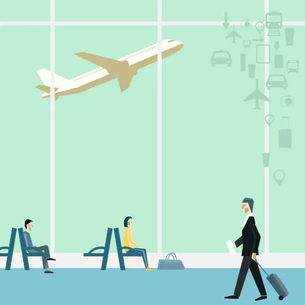 Vector illustration of People at the airport. Vector background with travel icons.