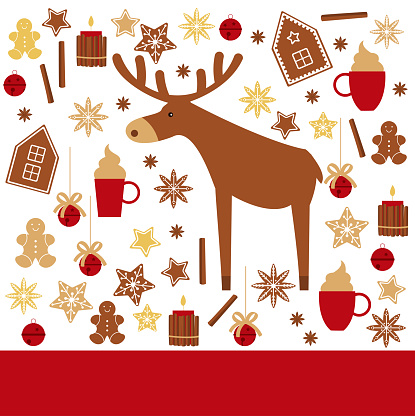 Christmas background   with moose and gingerbread cookies.Vector  illustration.