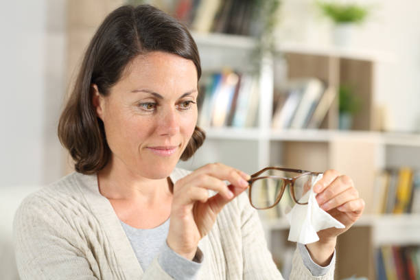 istock Middle age woman cleaning eyeglasses using tissue at home 1224301890
