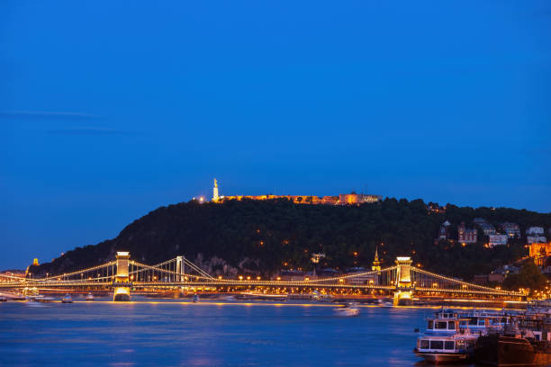 Gellert Hill with Citadel in Budapest at night, illuminated bridges on Danube river, capital city of Hungary