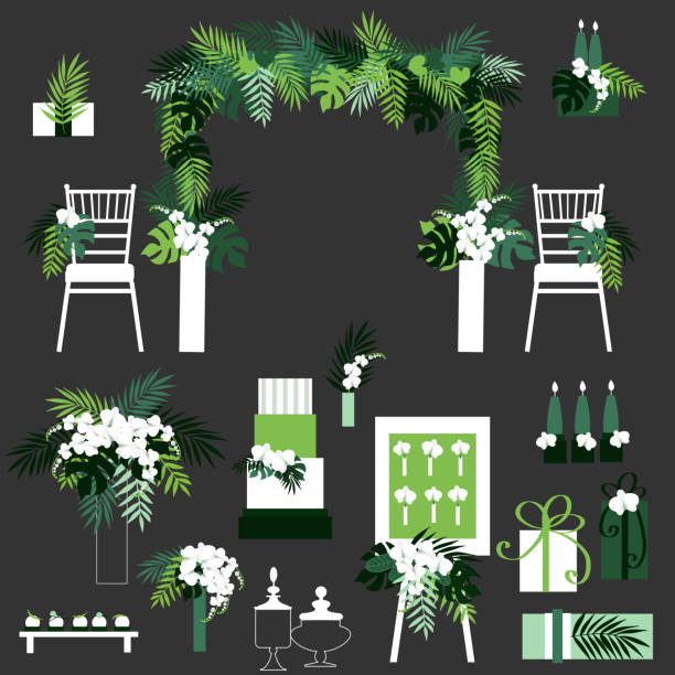 Wedding flowers, cake, decoration for chairs, bridal bouquet. Wedding flowers, cake, decoration for chairs, bridal bouquet. Vector illustration. banquet chairs stock illustrations