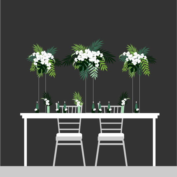 Table for bride and groom. Vector illustration. Wedding table decoration. Table for bride and groom. Vector illustration. banquet chairs stock illustrations
