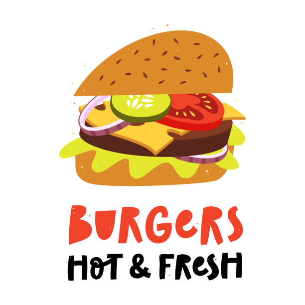 레터링이 있는 클래식 버거. - hamburger bun barbecue sign stock illustrations