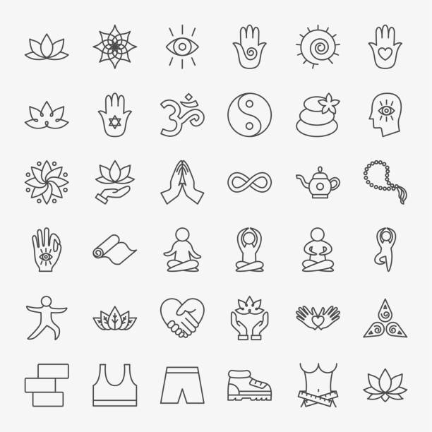 yoga meditation linie icons set - fitnessstudio geräte stock-grafiken, -clipart, -cartoons und -symbole