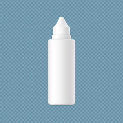 Mockup of contact eye lens solution or hygienic fluid white blank bottle, realistic vector illustration isolated on transparent background. Accessory for correct vision.