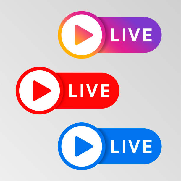 Social media live badge. Instagram, youtube, facebook style sticker. Streaming and broadcasting icon. Red. blue and purple color sign set. Vlog airing sticker. Vector illustration. Social media live badge. Instagram, youtube, facebook style sticker. Streaming and broadcasting icon. Red. blue and purple color sign set. Vlog airing sticker. live stock illustrations