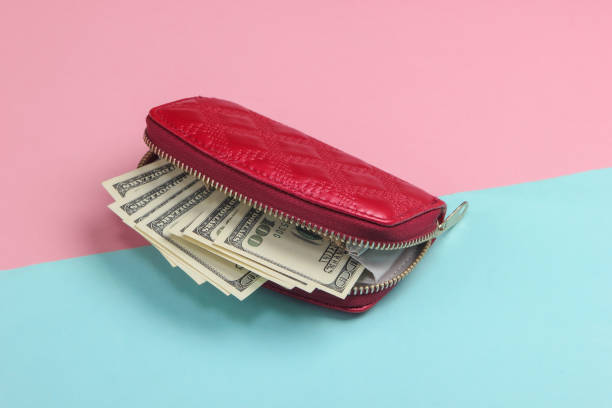 istock Red wallet with hundred dollar bills on a blue-pink pastel background. 1224308989