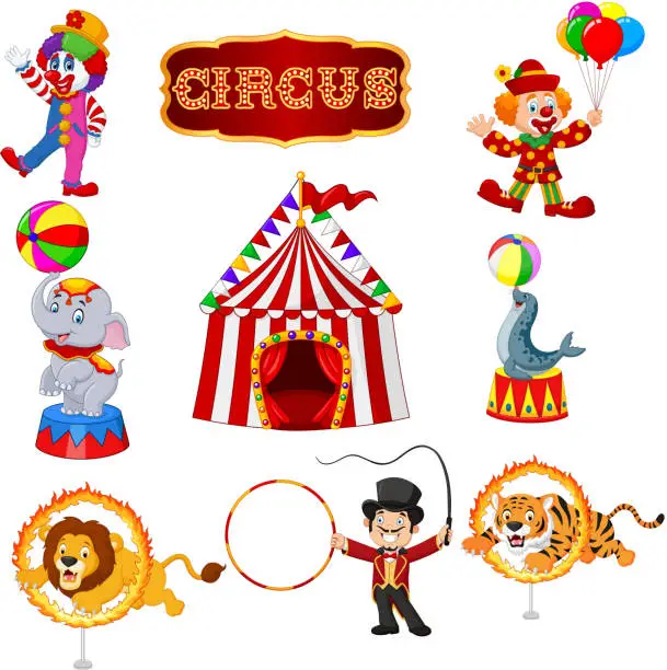 Vector illustration of Set of circus cartoon artists and animals