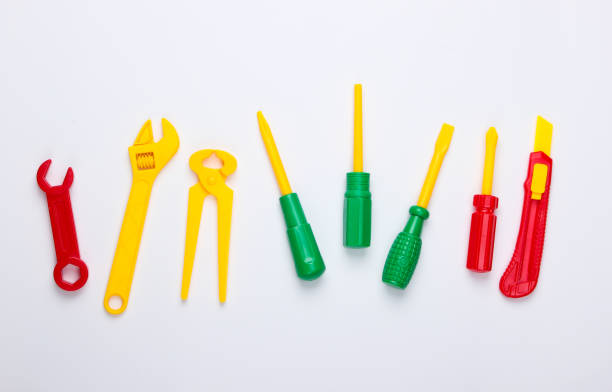 istock Set of children's toy work tools on a white background. Top view 1224309883