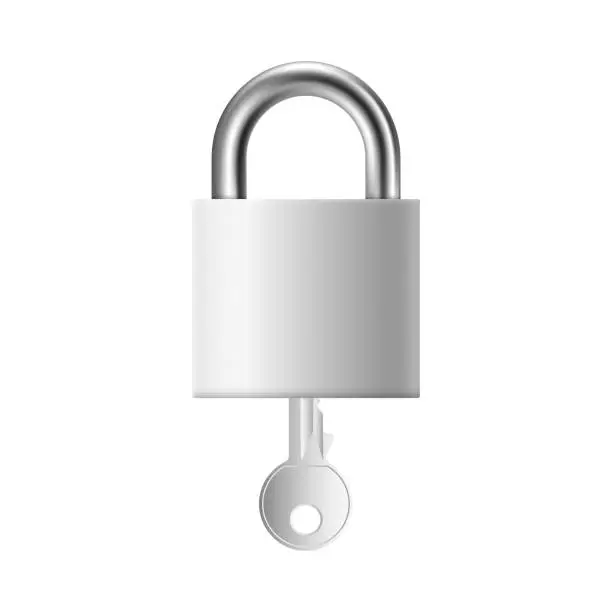 Vector illustration of Silver metal padlock with inserted key - realistic little steel lock