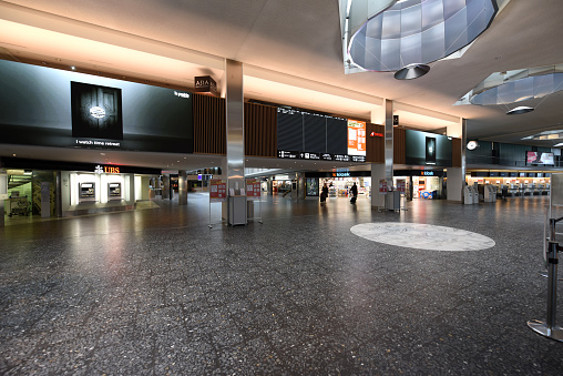 The Zurich Airport ZRH during the Corona Pandemic (COVID-19). Inside view of the departure Hall to Gate A captured during the swisswide Lockdown.