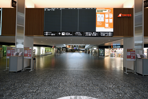 The Zurich Airport ZRH during the Corona Pandemic (COVID-19). Inside view of the departure Hall to Gate A captured during the swisswide Lockdown.