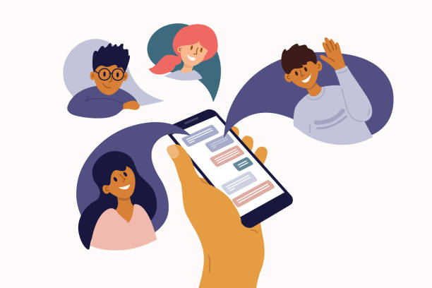 Group of people chatting online, talking by mobile internet Group of people chatting online. Mobile app messenger. Cellphone screen with friends talking by internet. Using smartphone for virtual meeting with boy, girl, colleague, relatives. Vector illustration girl texting on phone stock illustrations