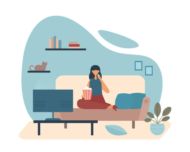 Cartoon woman with popcorn watching movie at home Flat style of female character sitting on couch and eating popcorn from bucket while watching TV and staying safe at home popcorn snack bowl isolated stock illustrations