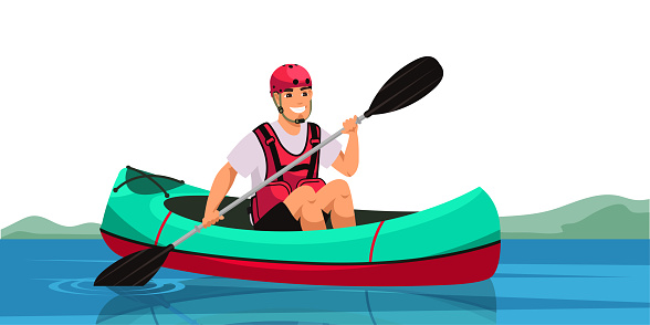 Man sitting in canoe and holding paddle. Cheerful guy paddling kayak through river or lake. Canoeing, Tourism, kayaking, camping, active lifestyle, vacation, travel and hobby concept. Vector