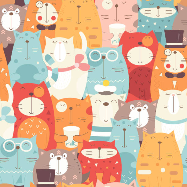 Funny cats seamless pattern Funny Cats seamless pattern with different cute kittens. Feline background. Vector Illustration. The print is perfect for wallpaper, baby clothes, greeting card, wrapping paper. animal seamless stock illustrations