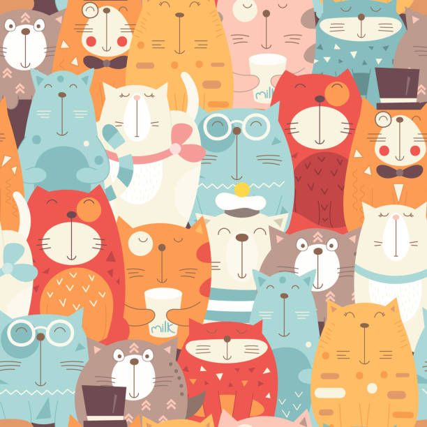 Funny cats seamless pattern Funny Cats seamless pattern with different cute kittens. Feline background. Vector Illustration. The print is perfect for wallpaper, baby clothes, greeting card, wrapping paper. kitten wallpaper stock illustrations