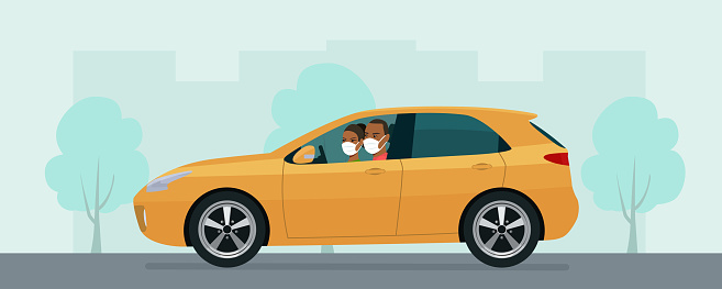 Hatchback car with a young man and woman in a medical mask driving on a background of abstract cityscape. Vector flat style illustration.