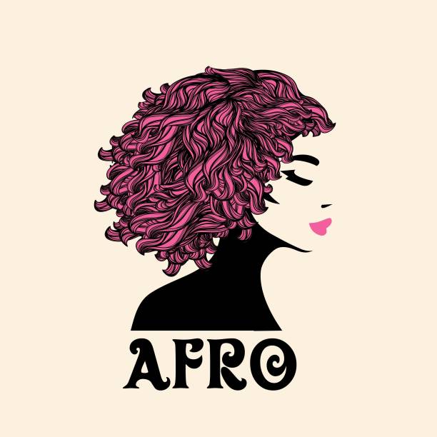 Beauty salon logo.Beautiful Afro-American woman with curly hairstyle and elegant makeup.Cosmetics and fashion illustration. Young exotic female with big red hair.Profile view portrait. women beauty hair dye stock illustrations