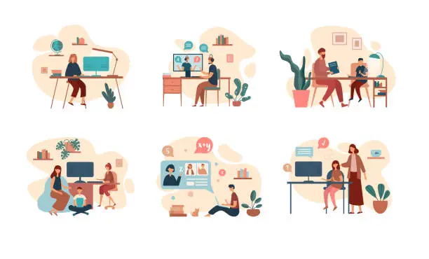 Vector illustration of Set of teenagers studying from home with parents