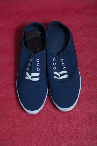 istock Pair of blue sneakers standing on red background 1224316585