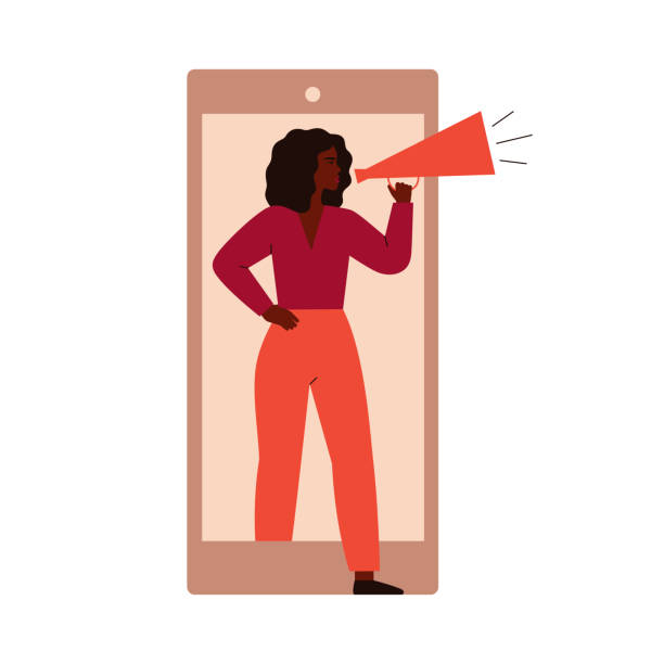 Female activist protests from the cell phone screen. Female activist protests from the cell phone screen. Young Black woman holds megaphone and tells her speech. vector illustration only women illustrations stock illustrations