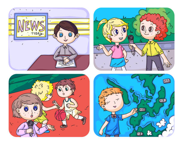 Cute kid journalist work on TV isolated scene set Cute kid journalist work on TV isolated scene set. Television presenter new program, interviewer on street making life reportage, sport commentator, weather forecaster. Broadcasting children character interview stock illustrations