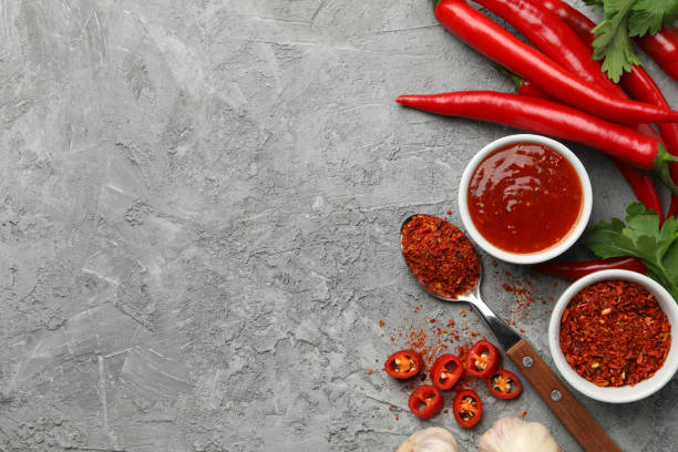 istock Composition with chilli pepper, powder spice, garlic and sauce on gray background 1224319866
