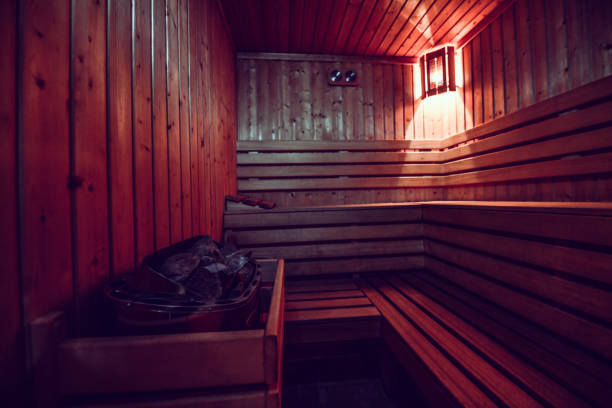 istock Coals And Dim Light In Wooden Spa 1224320738