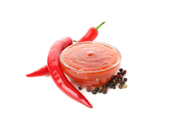 istock Chilli pepper and bowl of sauce isolated on white background 1224320837
