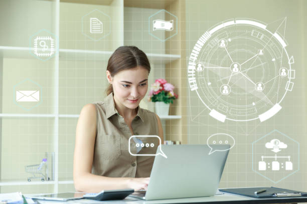 Business background, work from home concept. beautiful woman is working with notebook and checking marketing on business at home. technology concept is working online about internet of things.