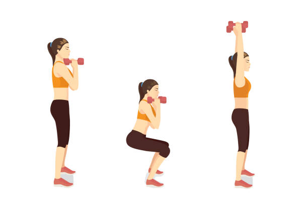 illustrazioni stock, clip art, cartoni animati e icone di tendenza di sport women che fanno fitness con dumbbell squat e overhead press exercise in 3 passaggi. come facile allenamento fitness bersaglio per i muscoli delle braccia. vista laterale. - human muscle human arm muscular build body building