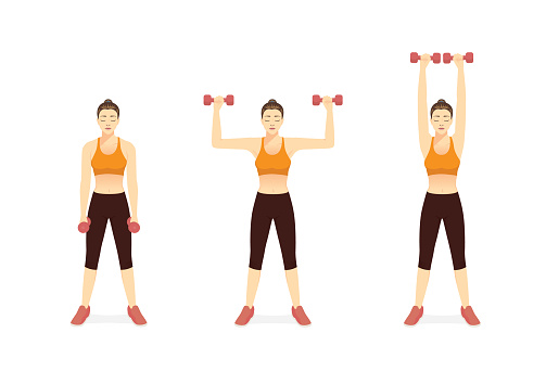 Sport Women doing Fitness with Dumbbell Biceps Curl to Shoulder Press Exercise in 3 steps. Illustration about easy Fitness with workout equipment of gym.