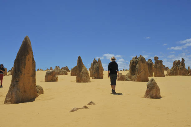 mujer australiana haciendo senderismo en pinnacles desert en australia occidental - nambung national park fotografías e imágenes de stock