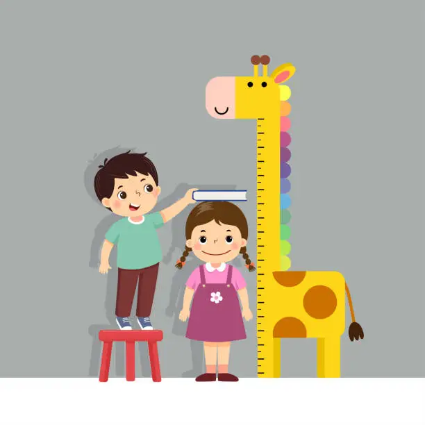 Vector illustration of Vector illustration cute cartoon boy measuring height of little girl with giraffe height chart on the wall.