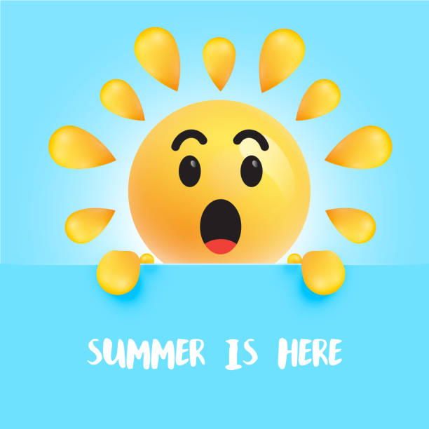 забавный солнечный смайлик с заголовком "лето здесь", векторная иллюстрация - 16241 stock illustrations