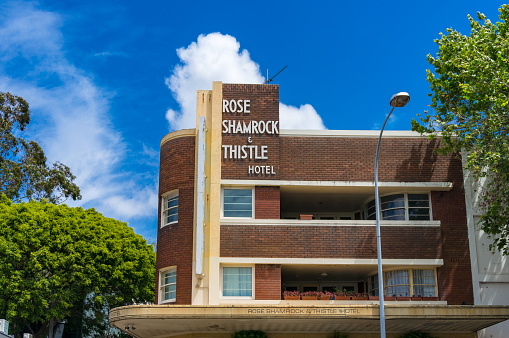 Sydney, Australia - October 18, 2017: Rose Shamrock and Thistle hotel historic heritage Art Deco building in Paddington suburb of Sydney, Australia