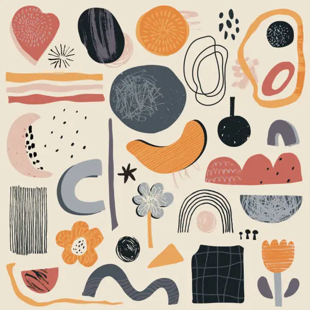 Vector illustration of Vector collection of abstract shapes and geometric elements with hand drawn texture