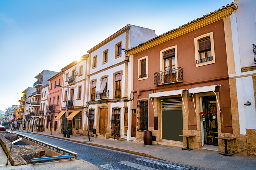 Javea Xabia Mediterranean street facades in Alicante of Spain