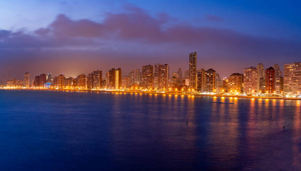 Benidorm Levante beach ar sunset dusk in Alicante of Spain