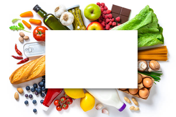 istock Large group of groceries with copy space against white background 1224326988